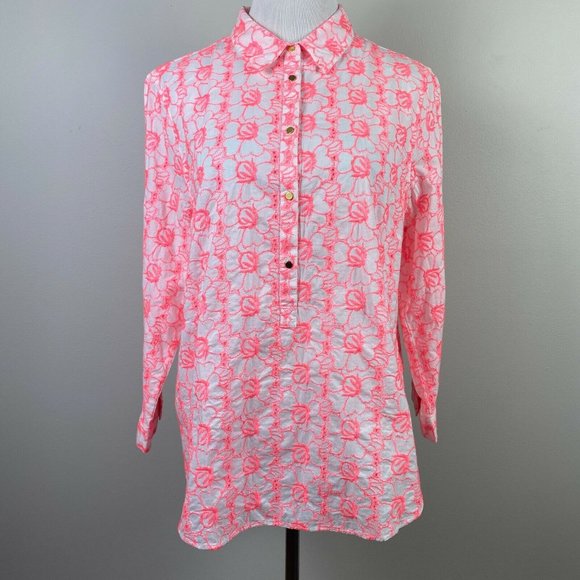 Lands End Shirt Womens 14P Embroidered Floral Pink‎ White Pullover Button Petite - Picture 1 of 8